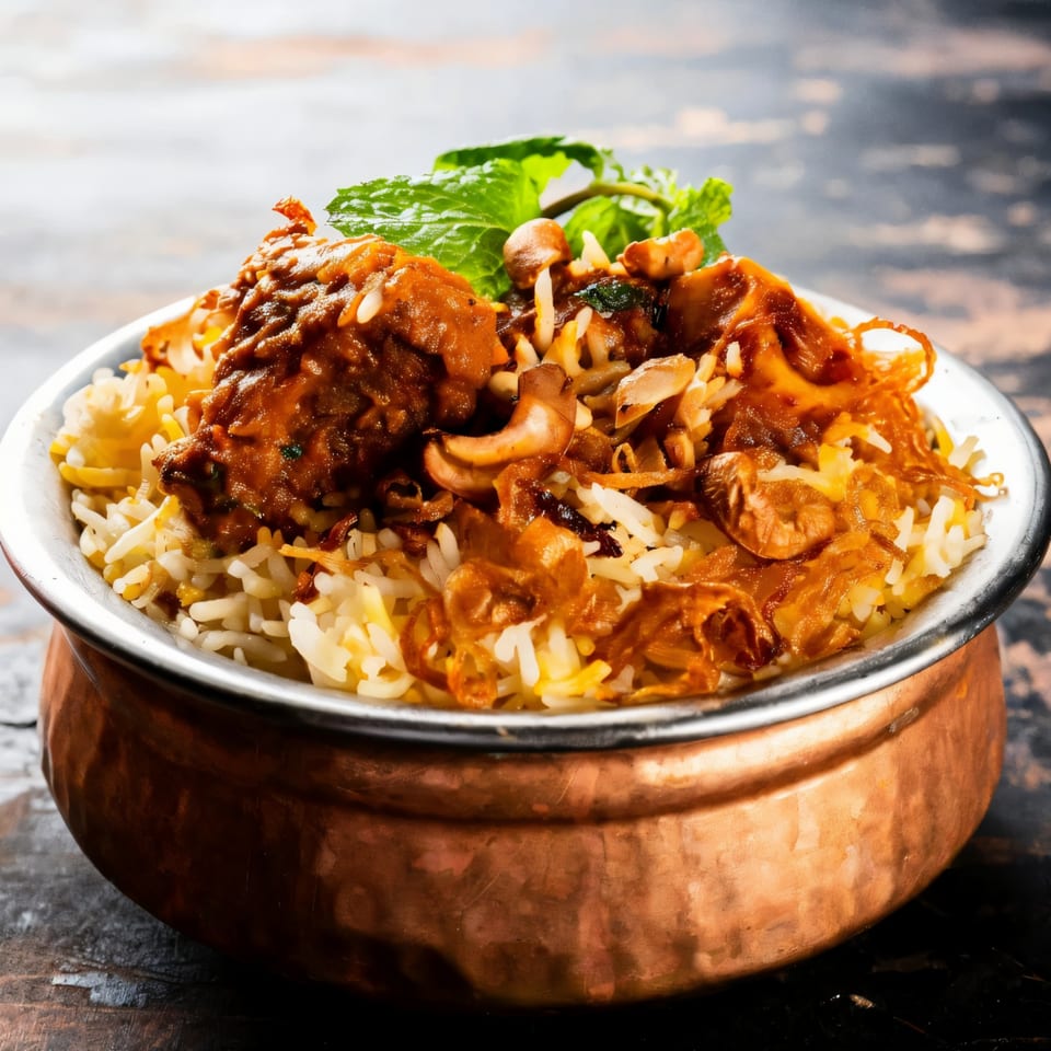 Nepalese chicken biryani with cashews and mint in a copper bowl.