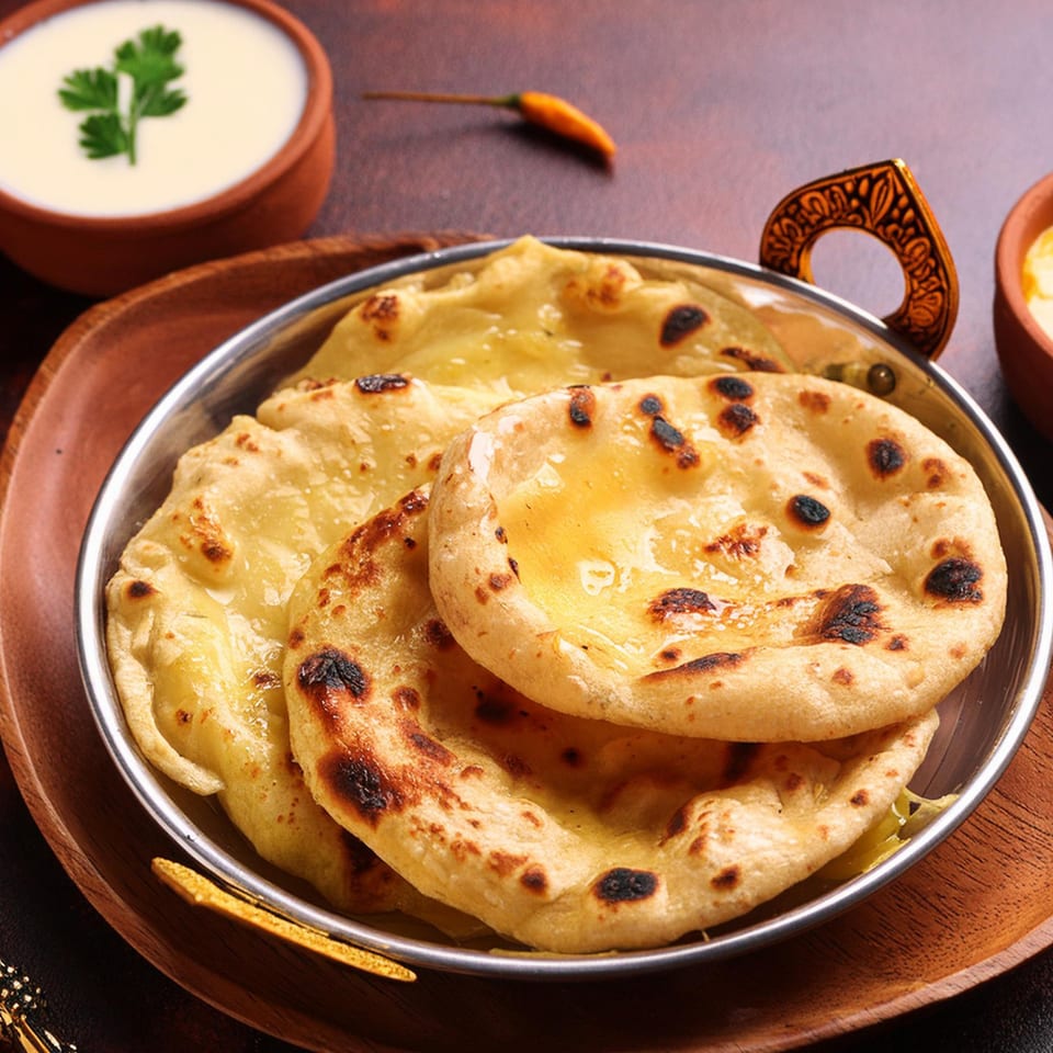 Golden Nepalese flatbreads with melted butter in a metal bowl, with a side of yogurt.