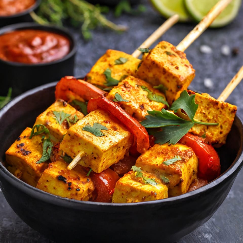 Close-up of Lafa Restaurant's paneer tikka skewers with red peppers and cilantro in a black bowl.