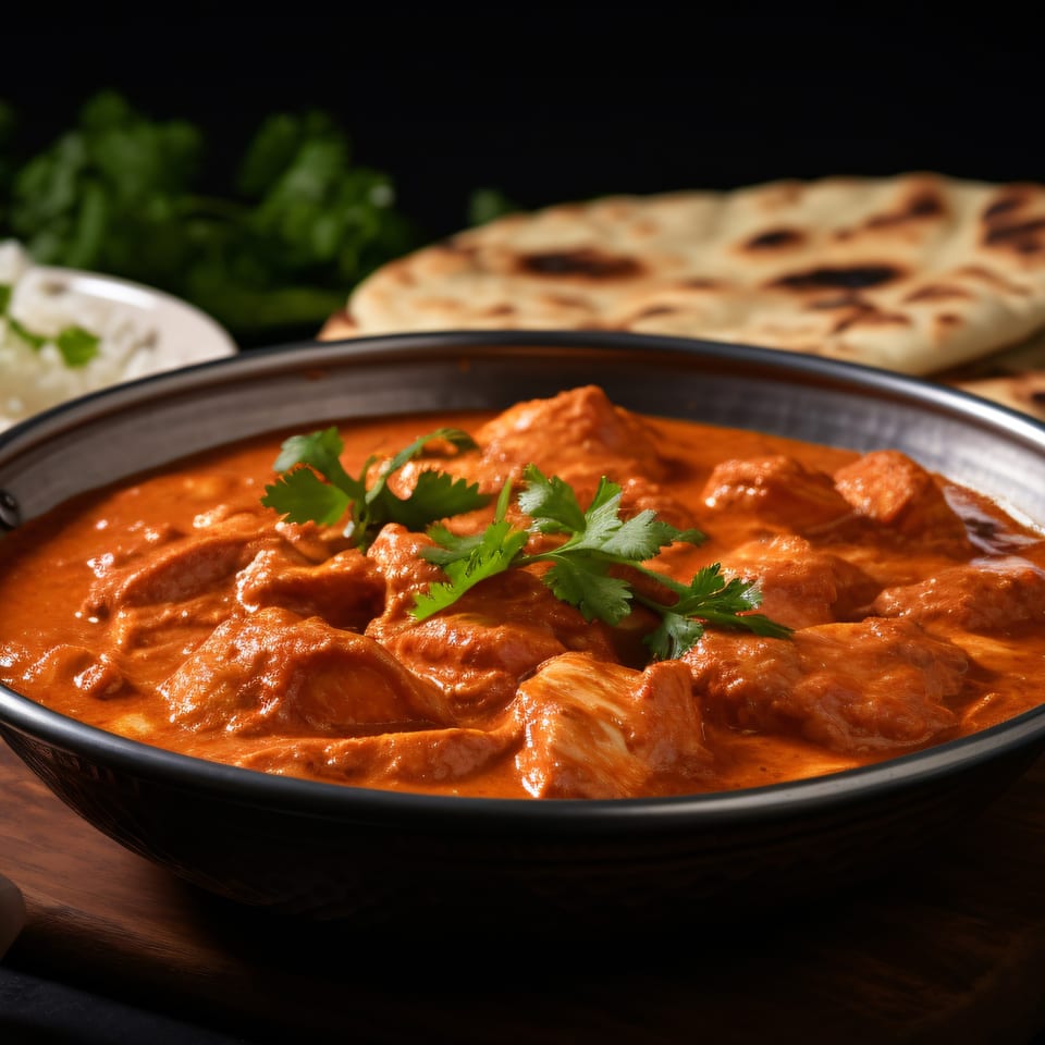 Lafa Restaurant and Bar's Nepalese chicken curry with cilantro, naan bread, and rice.